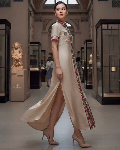 Đầm Sơ Mi Lụa Xẻ Tà Dáng Suông / Họa tiết Lụa Trơn Be & Twilly Uyên Ương Liên Hạ Xanh Lá & Hồng