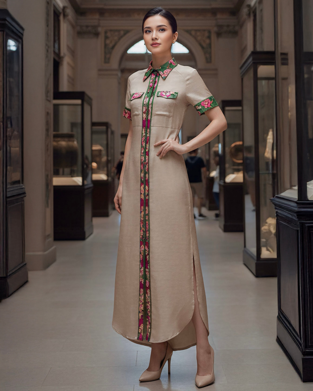 Đầm Sơ Mi Lụa Xẻ Tà Dáng Suông / Họa tiết Lụa Trơn Be & Twilly Uyên Ương Liên Hạ Xanh Lá & Hồng