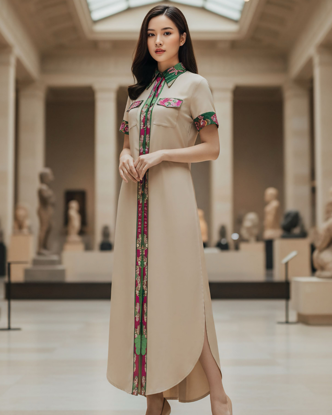 Đầm Sơ Mi Lụa Xẻ Tà Dáng Suông / Họa tiết Lụa Trơn Be & Twilly Uyên Ương Liên Hạ Xanh Lá & Hồng