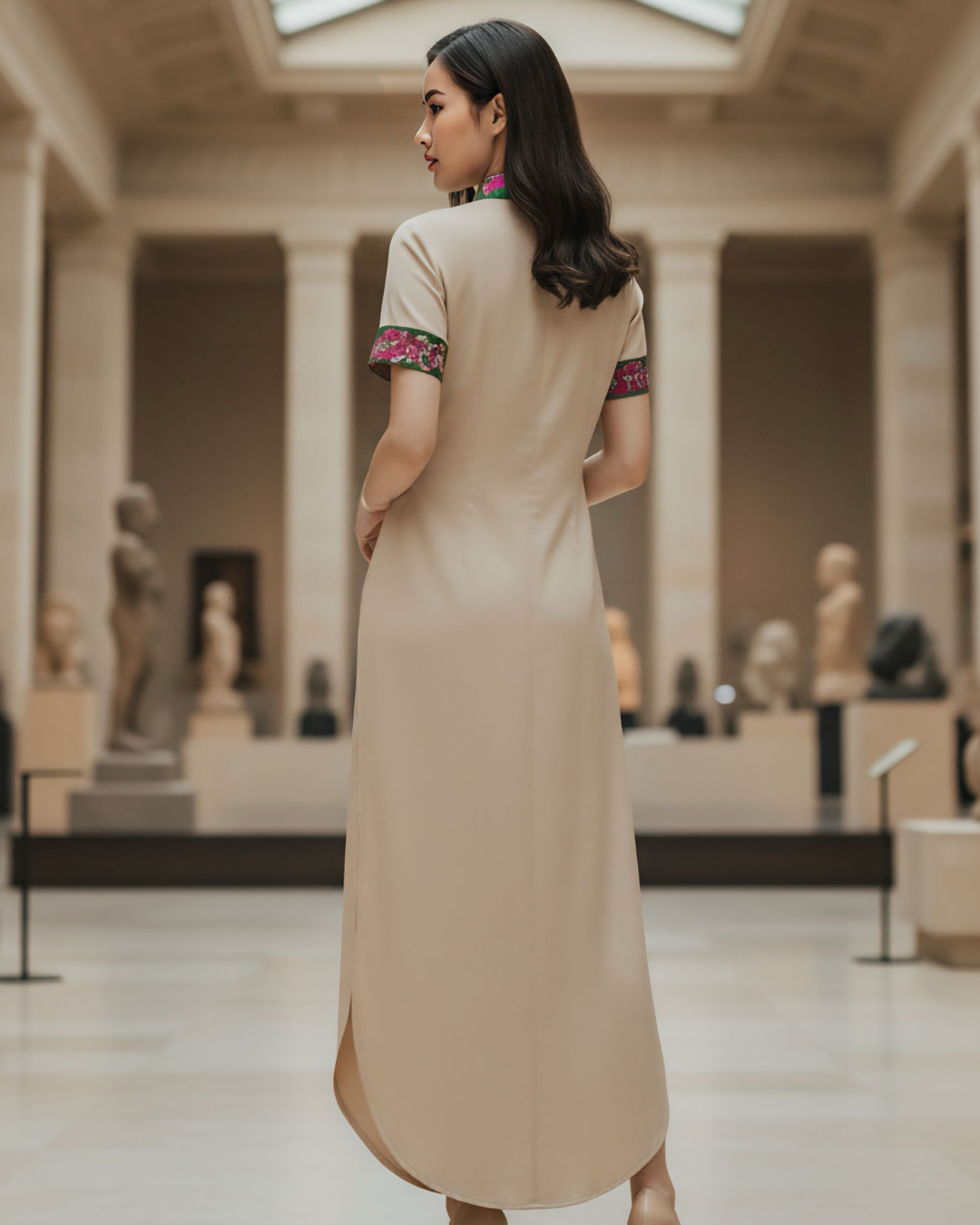 Đầm Sơ Mi Lụa Xẻ Tà Dáng Suông / Họa tiết Lụa Trơn Be & Twilly Uyên Ương Liên Hạ Xanh Lá & Hồng