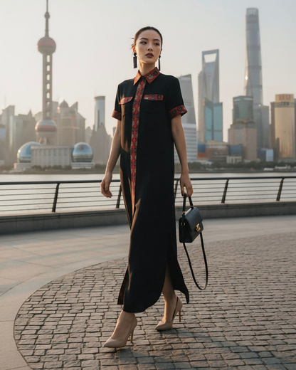 Đầm Sơ Mi Lụa Xẻ Tà Dáng Suông / Họa tiết Lụa Trơn Đen & Twilly Mây Hoạ Long Ân Đỏ