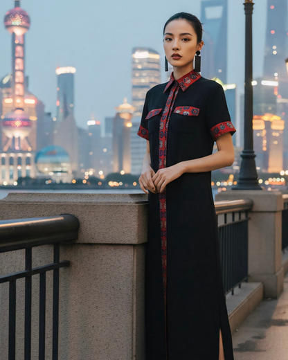 Đầm Sơ Mi Lụa Xẻ Tà Dáng Suông / Họa tiết Lụa Trơn Đen & Twilly Mây Hoạ Long Ân Đỏ