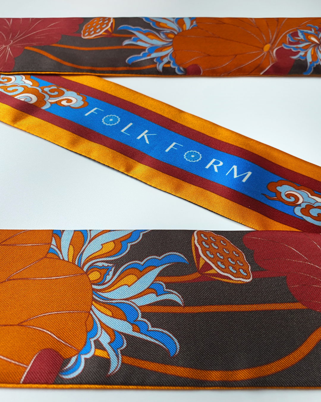 Quà Tặng Cao Cấp / Khăn Twilly Lụa Uyên Ương Liên Hạ / Nâu & Da Cam / 6cm x 150cm