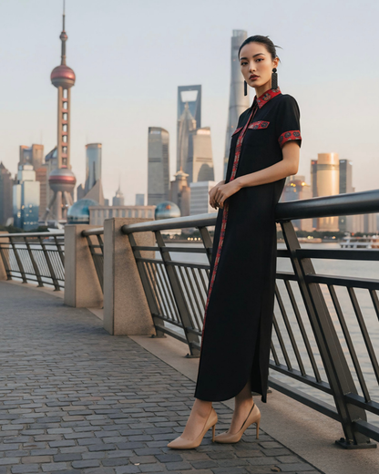 Đầm Sơ Mi Lụa Xẻ Tà Dáng Suông / Họa tiết Lụa Trơn Đen & Twilly Mây Hoạ Long Ân Đỏ