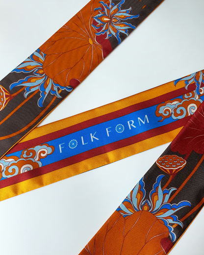 Quà Tặng Cao Cấp / Khăn Twilly Lụa Uyên Ương Liên Hạ / Nâu & Da Cam / 6cm x 150cm