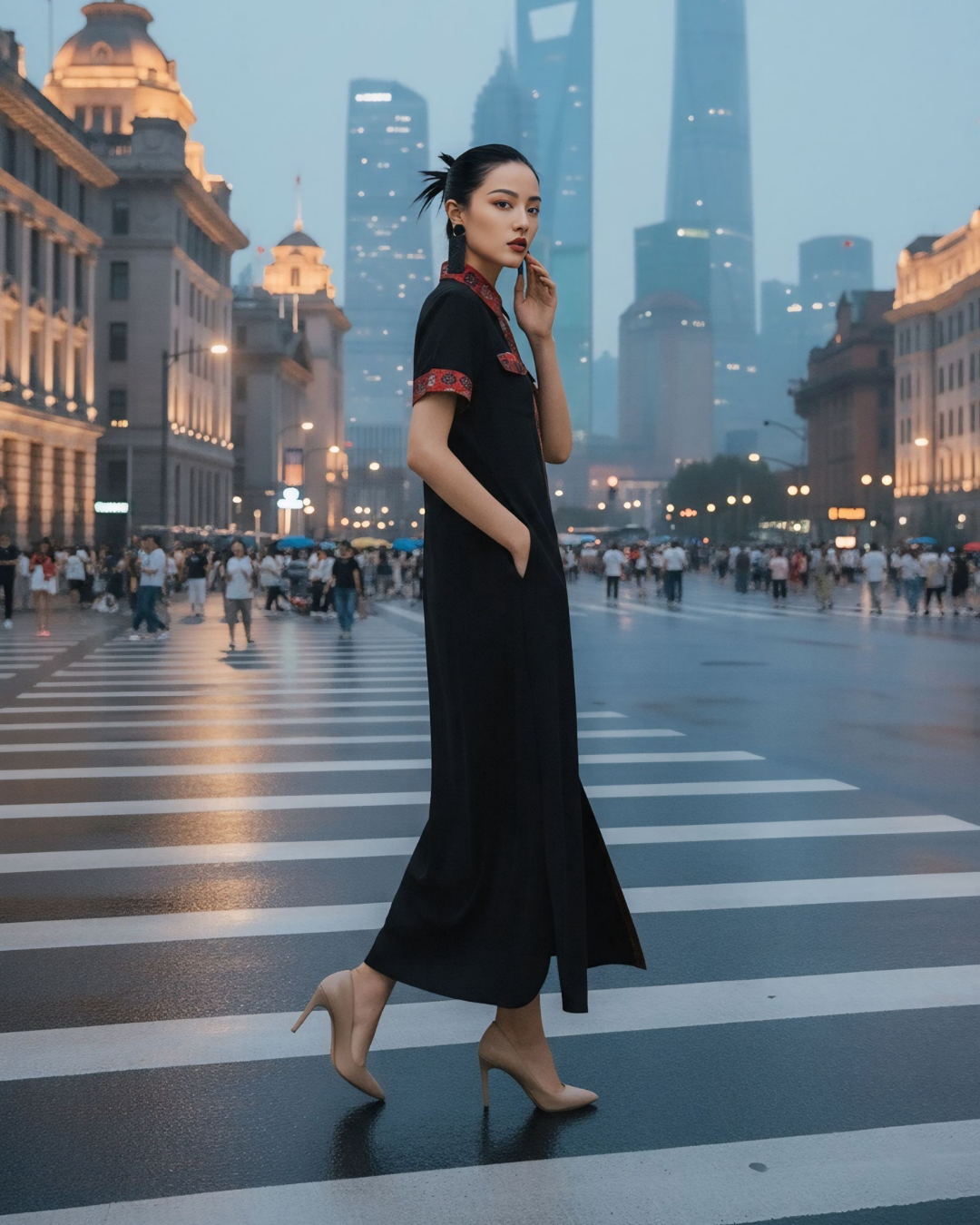 Đầm Sơ Mi Lụa Xẻ Tà Dáng Suông / Họa tiết Lụa Trơn Đen & Twilly Mây Hoạ Long Ân Đỏ