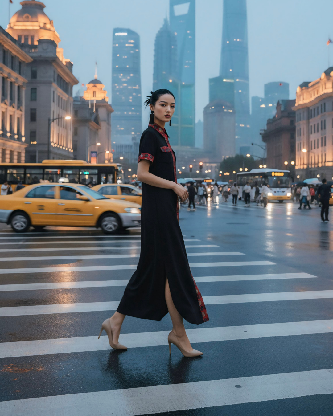 Đầm Sơ Mi Lụa Xẻ Tà Dáng Suông / Họa tiết Lụa Trơn Đen & Twilly Mây Hoạ Long Ân Đỏ