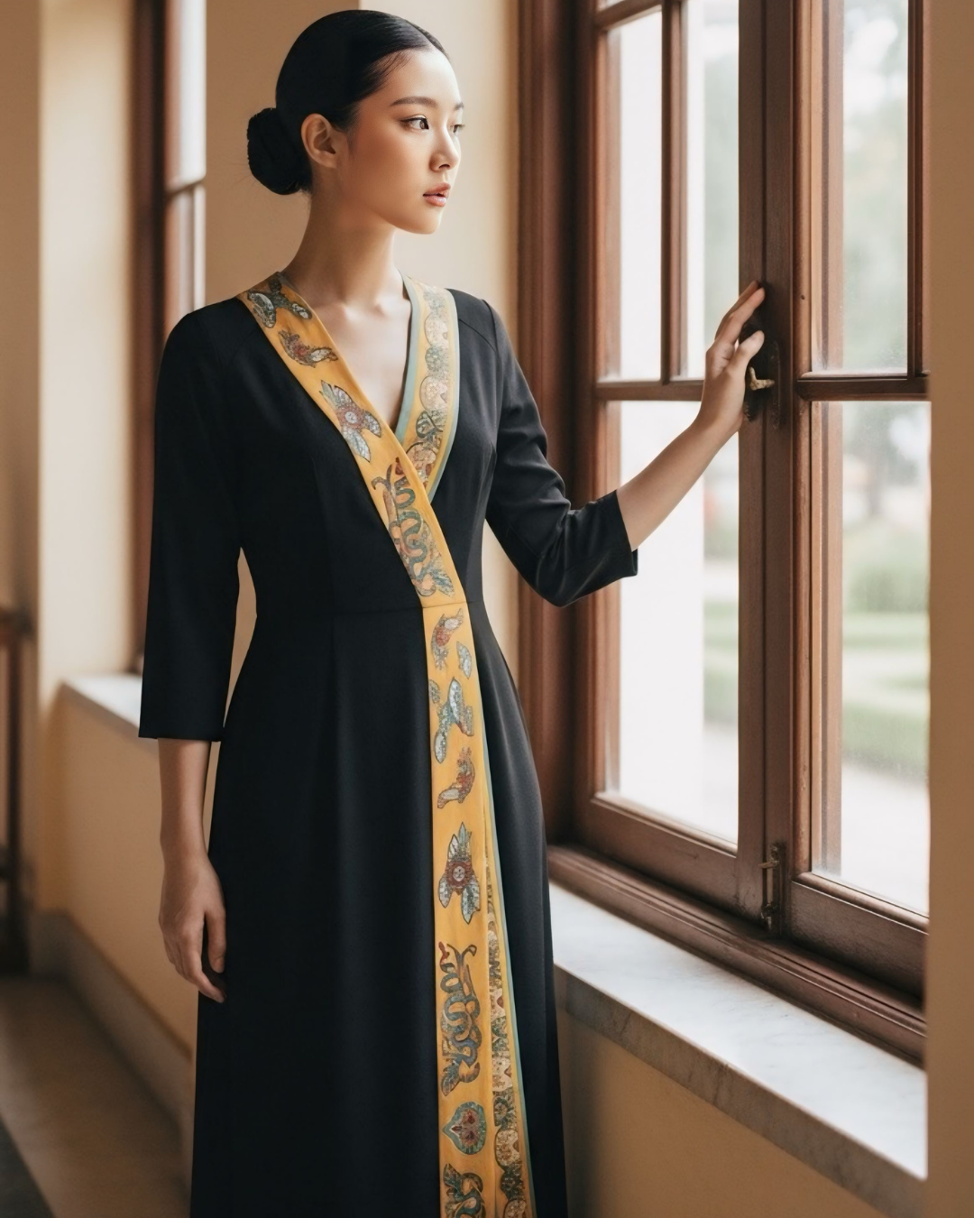 Đầm Quấn Lụa / Họa tiết Lụa Trơn Đen & Twilly Mây Hoạ Long Ân Vàng