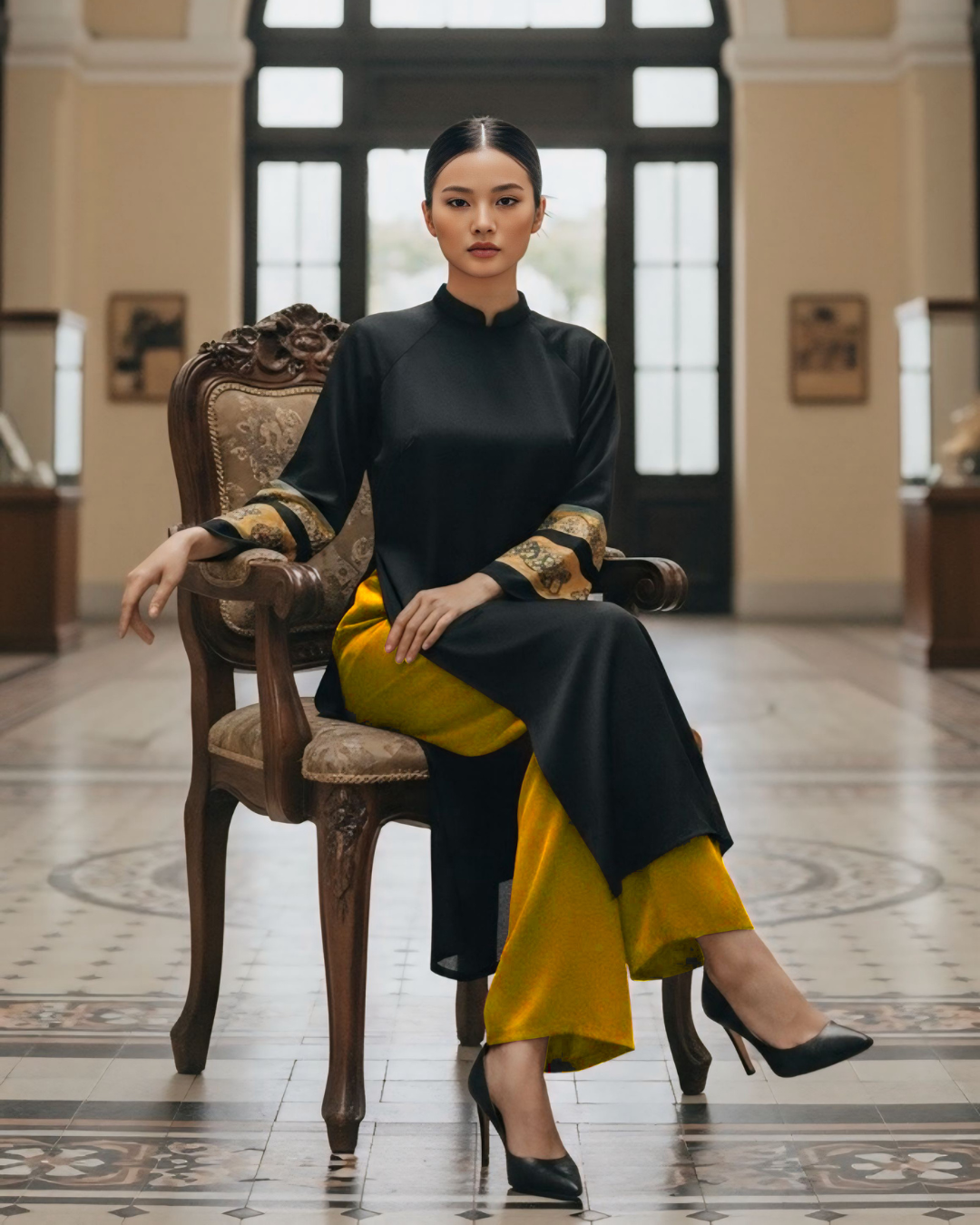 Áo Dài Lụa Tay Loa / Họa tiết Lụa Trơn Đen Vàng & Twilly Mây Hoạ Long Ân Vàng