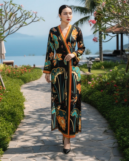 Đầm Quấn Lụa / Họa tiết Cố Đô Liên Hoạ Đen & Da Cam