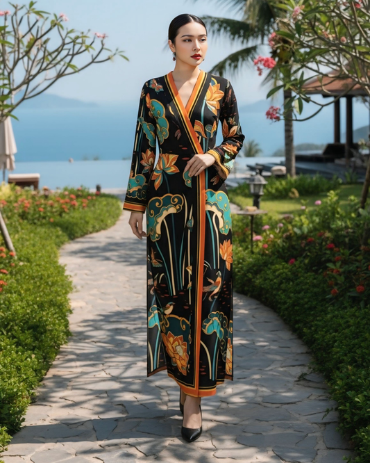 Đầm Quấn Lụa / Họa tiết Cố Đô Liên Hoạ Đen & Da Cam