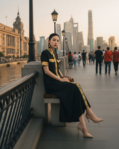 Đầm Sơ Mi Lụa Xẻ Tà Dáng Suông / Họa tiết Lụa Trơn Đen & Twilly Mây Hoạ Long Ân Vàng