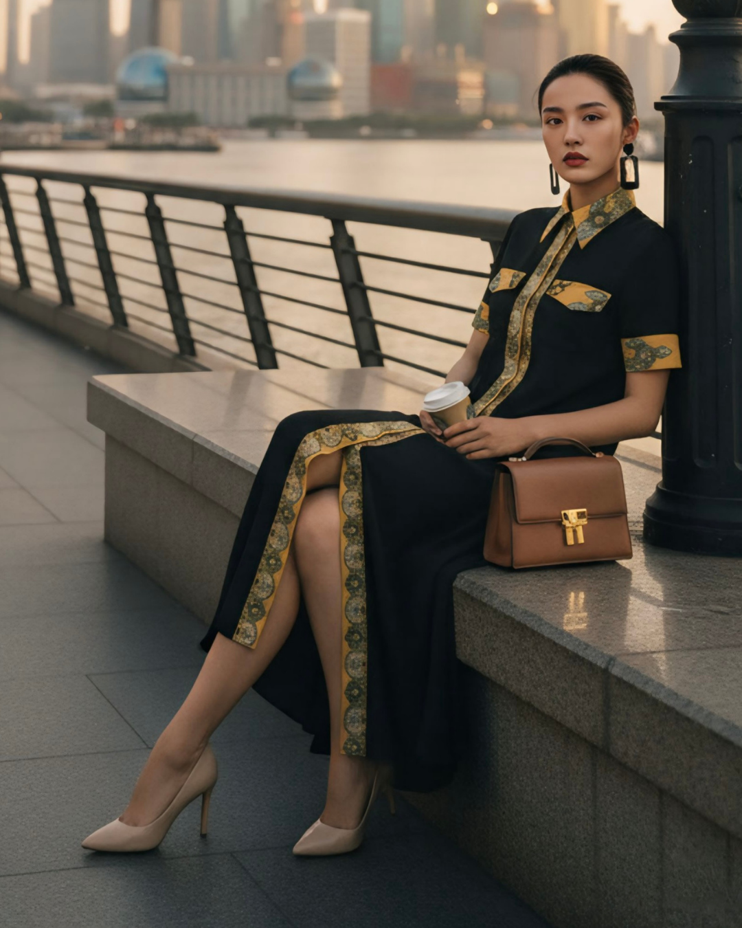 Đầm Sơ Mi Lụa Xẻ Tà Dáng Suông / Họa tiết Lụa Trơn Đen & Twilly Mây Hoạ Long Ân Vàng