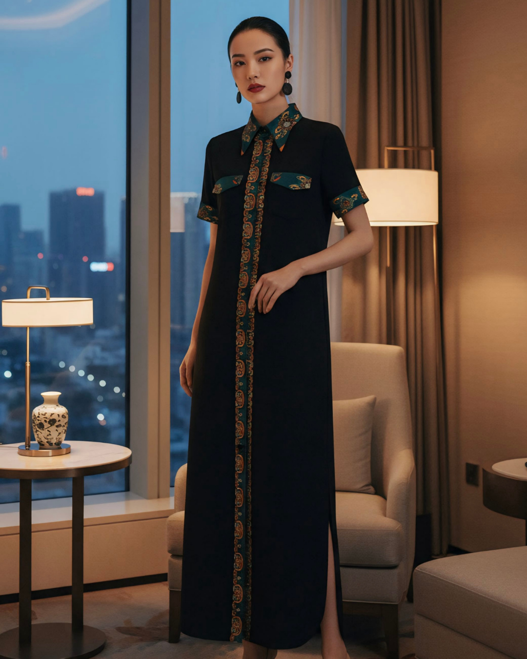 Đầm Sơ Mi Lụa Xẻ Tà Dáng Suông / Họa tiết Lụa Trơn Đen & Twilly Mây Hoạ Long Ân Xanh Cổ Vịt