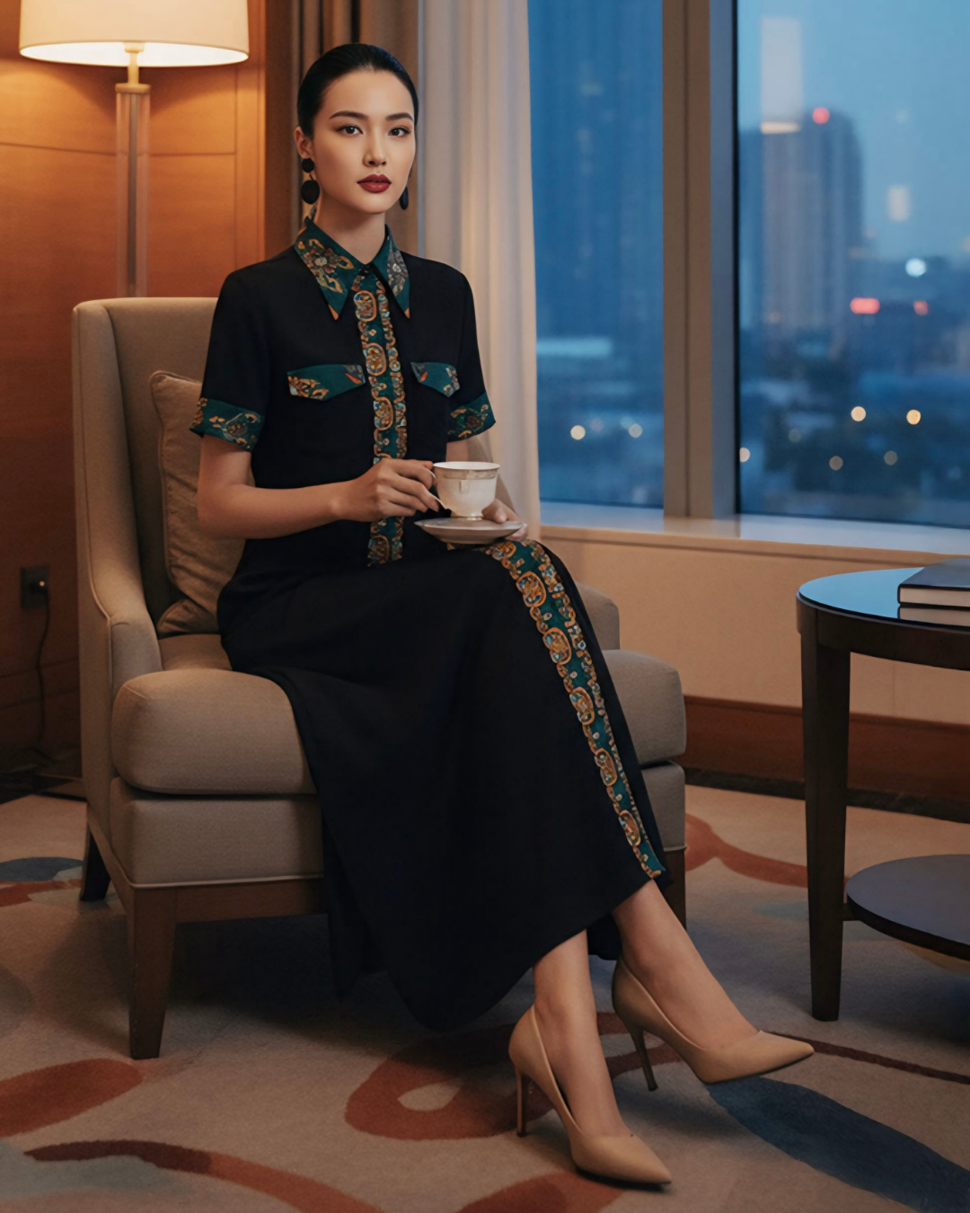 Đầm Sơ Mi Lụa Xẻ Tà Dáng Suông / Họa tiết Lụa Trơn Đen & Twilly Mây Hoạ Long Ân Xanh Cổ Vịt