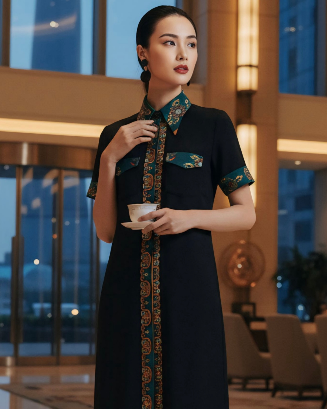 Đầm Sơ Mi Lụa Xẻ Tà Dáng Suông / Họa tiết Lụa Trơn Đen & Twilly Mây Hoạ Long Ân Xanh Cổ Vịt