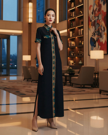 Đầm Sơ Mi Lụa Xẻ Tà Dáng Suông / Họa tiết Lụa Trơn Đen & Twilly Mây Hoạ Long Ân Xanh Cổ Vịt