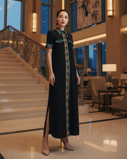 Đầm Sơ Mi Lụa Xẻ Tà Dáng Suông / Họa tiết Lụa Trơn Đen & Twilly Mây Hoạ Long Ân Xanh Cổ Vịt