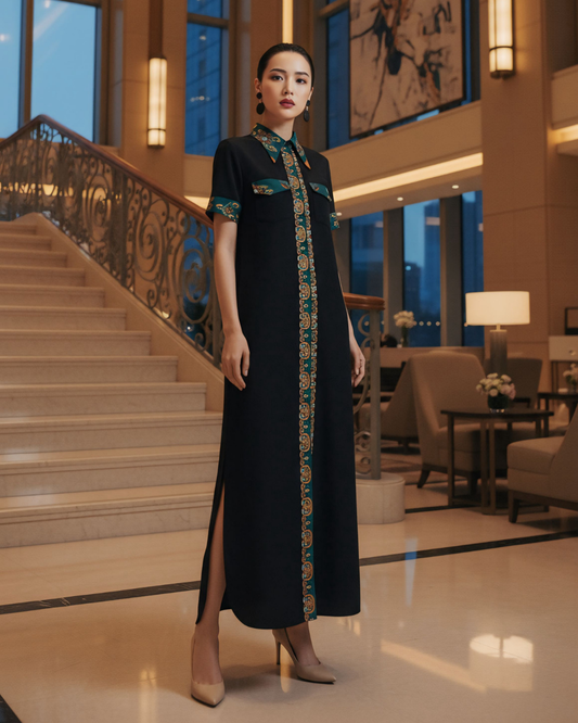 Đầm Sơ Mi Lụa Xẻ Tà Dáng Suông / Họa tiết Lụa Trơn Đen & Twilly Mây Hoạ Long Ân Xanh Cổ Vịt