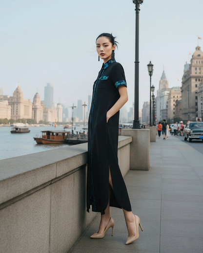 Đầm Sơ Mi Lụa Xẻ Tà Dáng Suông / Họa tiết Lụa Trơn Đen & Twilly Mây Hoạ Long Ân Xanh Dương