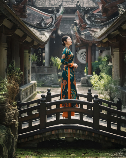 Áo Dài Lụa Truyền Thống / Họa tiết Hương Vân Long Mộng Xanh Lá & Da Cam