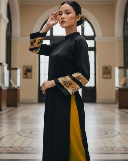 Áo Dài Lụa Tay Loa / Họa tiết Lụa Trơn Đen Vàng & Twilly Mây Hoạ Long Ân Vàng