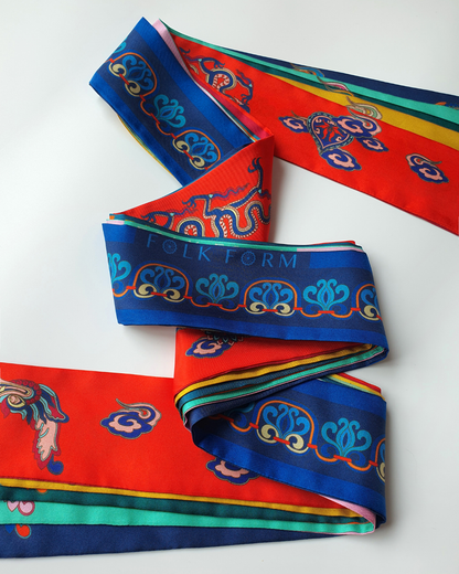 Quà Tặng Cao Cấp / Khăn Twilly Lụa Hương Vân Long Mộng / Xanh Cổ Vịt & Da Cam / 6cm x 150cm