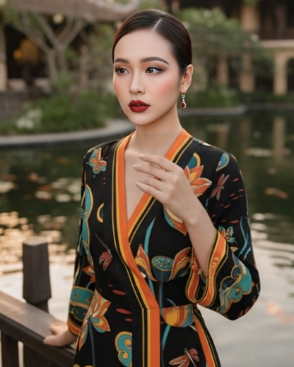 Đầm Quấn Lụa / Họa tiết Cố Đô Liên Hoạ Đen & Da Cam