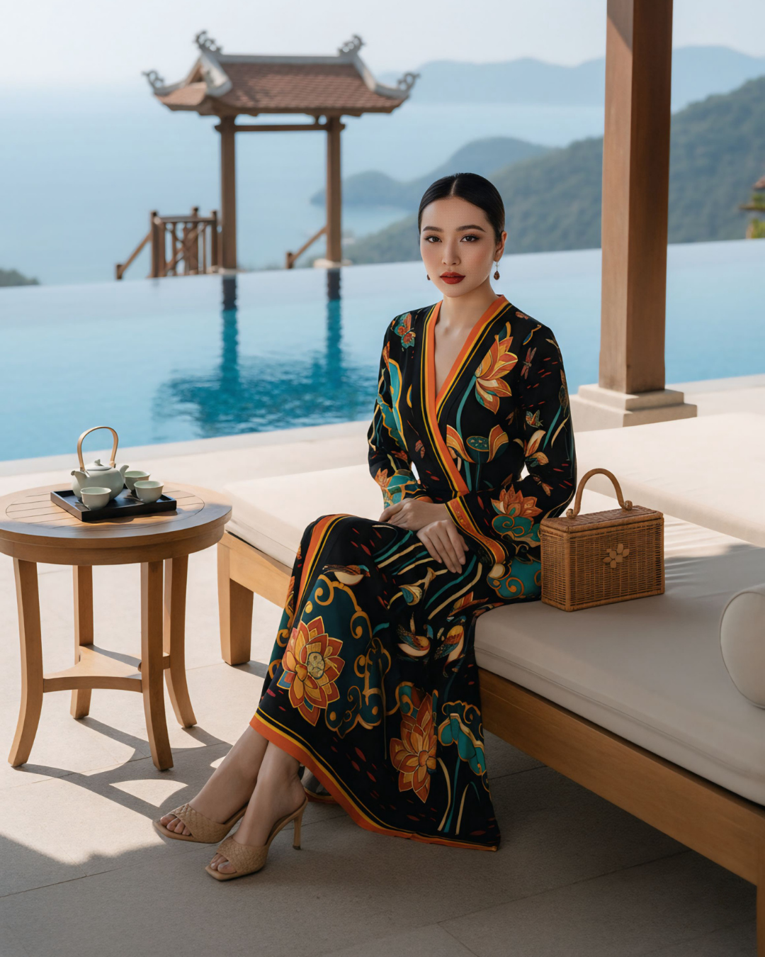 Đầm Quấn Lụa / Họa tiết Cố Đô Liên Hoạ Đen & Da Cam