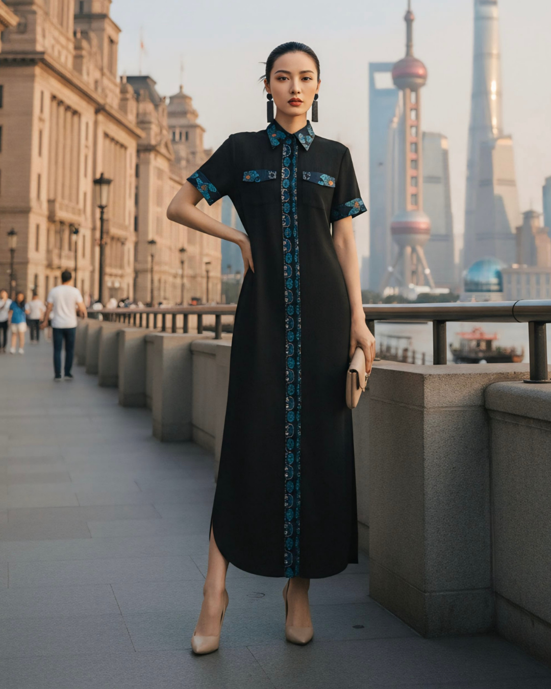 Đầm Sơ Mi Lụa Xẻ Tà Dáng Suông / Họa tiết Lụa Trơn Đen & Twilly Mây Hoạ Long Ân Xanh Dương