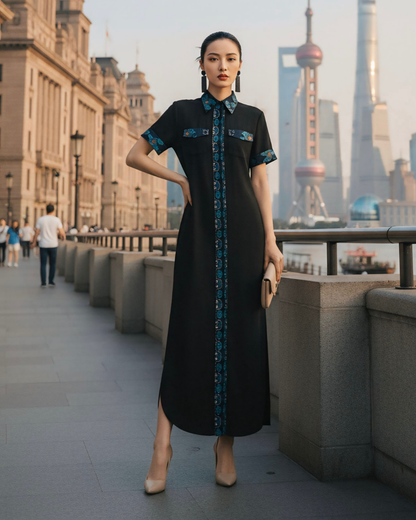 Đầm Sơ Mi Lụa Xẻ Tà Dáng Suông / Họa tiết Lụa Trơn Đen & Twilly Mây Hoạ Long Ân Xanh Dương