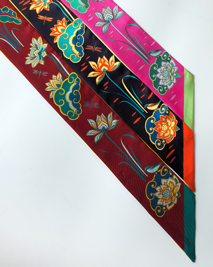 Quà Tặng Cao Cấp / Khăn Twilly Lụa Cố Đô Liên Hoạ / Nâu & Xanh Lá Đậm / 6cm x 150cm