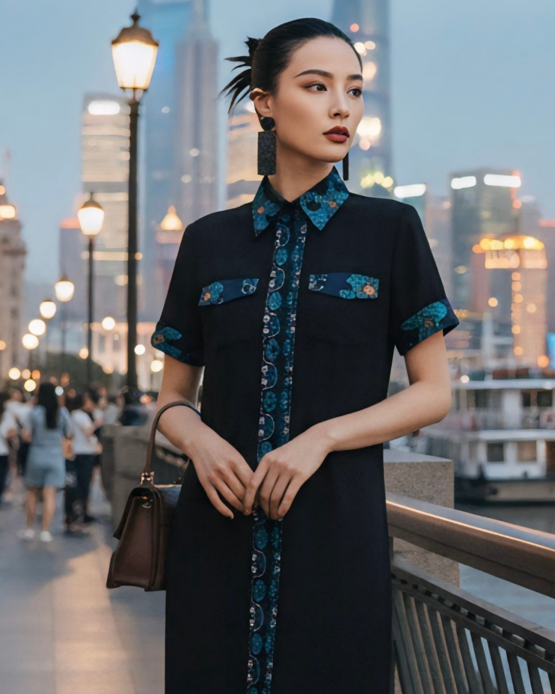 Đầm Sơ Mi Lụa Xẻ Tà Dáng Suông / Họa tiết Lụa Trơn Đen & Twilly Mây Hoạ Long Ân Xanh Dương