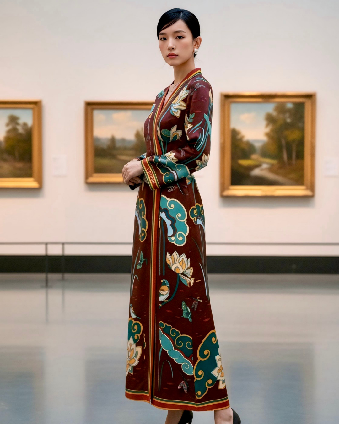 Đầm Quấn Lụa / Họa tiết Cố Đô Liên Hoạ Nâu & Xanh Lá Đậm