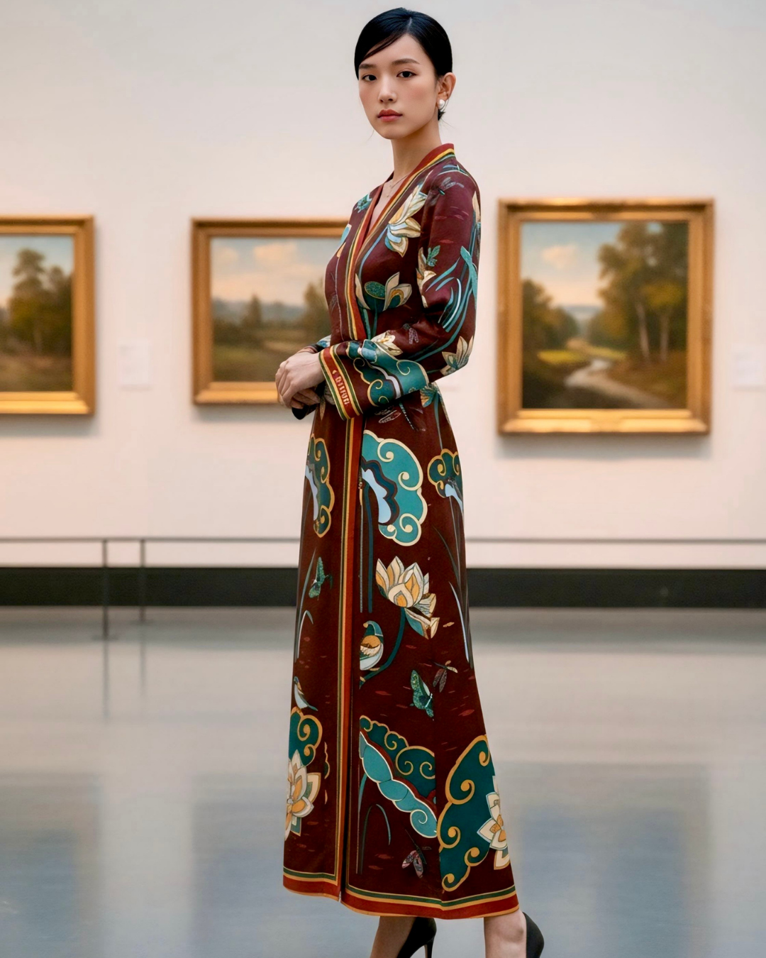 Đầm Quấn Lụa / Họa tiết Cố Đô Liên Hoạ Nâu & Xanh Lá Đậm