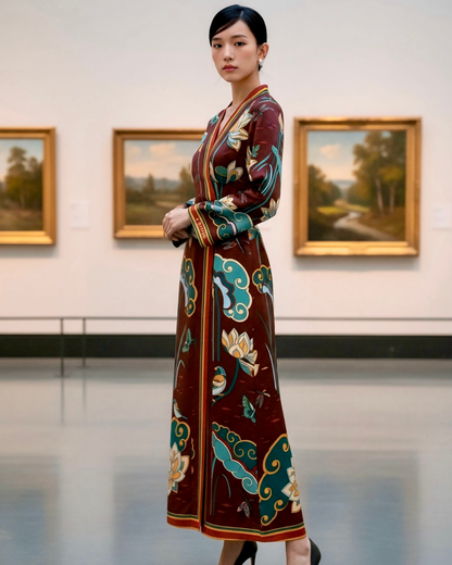 Đầm Quấn Lụa / Họa tiết Cố Đô Liên Hoạ Nâu & Xanh Lá Đậm