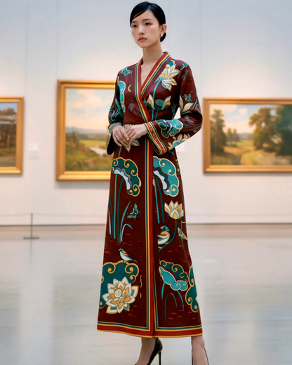 Đầm Quấn Lụa / Họa tiết Cố Đô Liên Hoạ Nâu & Xanh Lá Đậm