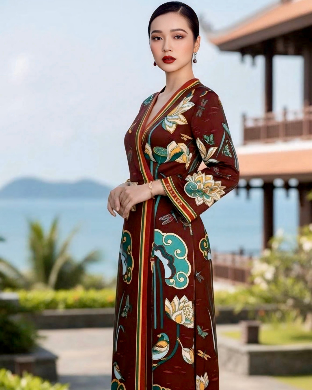 Đầm Quấn Lụa / Họa tiết Cố Đô Liên Hoạ Nâu & Xanh Lá Đậm