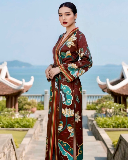 Đầm Quấn Lụa / Họa tiết Cố Đô Liên Hoạ Nâu & Xanh Lá Đậm