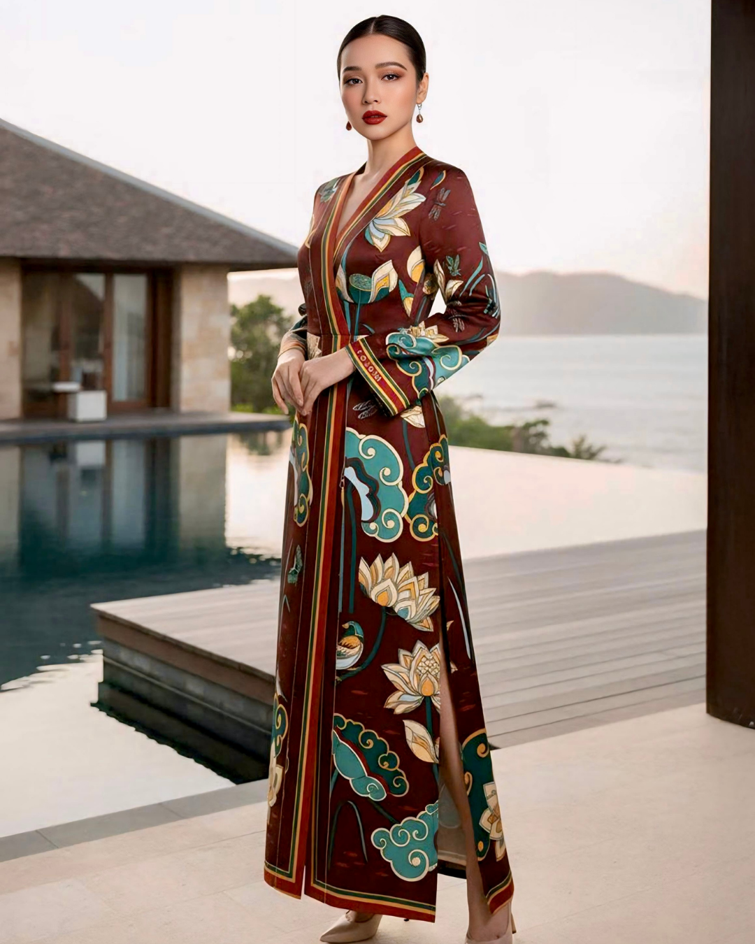 Đầm Quấn Lụa / Họa tiết Cố Đô Liên Hoạ Nâu & Xanh Lá Đậm