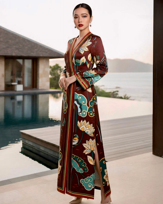 Đầm Quấn Lụa / Họa tiết Cố Đô Liên Hoạ Nâu & Xanh Lá Đậm