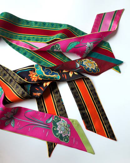 Quà Tặng Cao Cấp / Khăn Twilly Lụa Cố Đô Liên Hoạ / Nâu & Xanh Lá Đậm / 6cm x 150cm