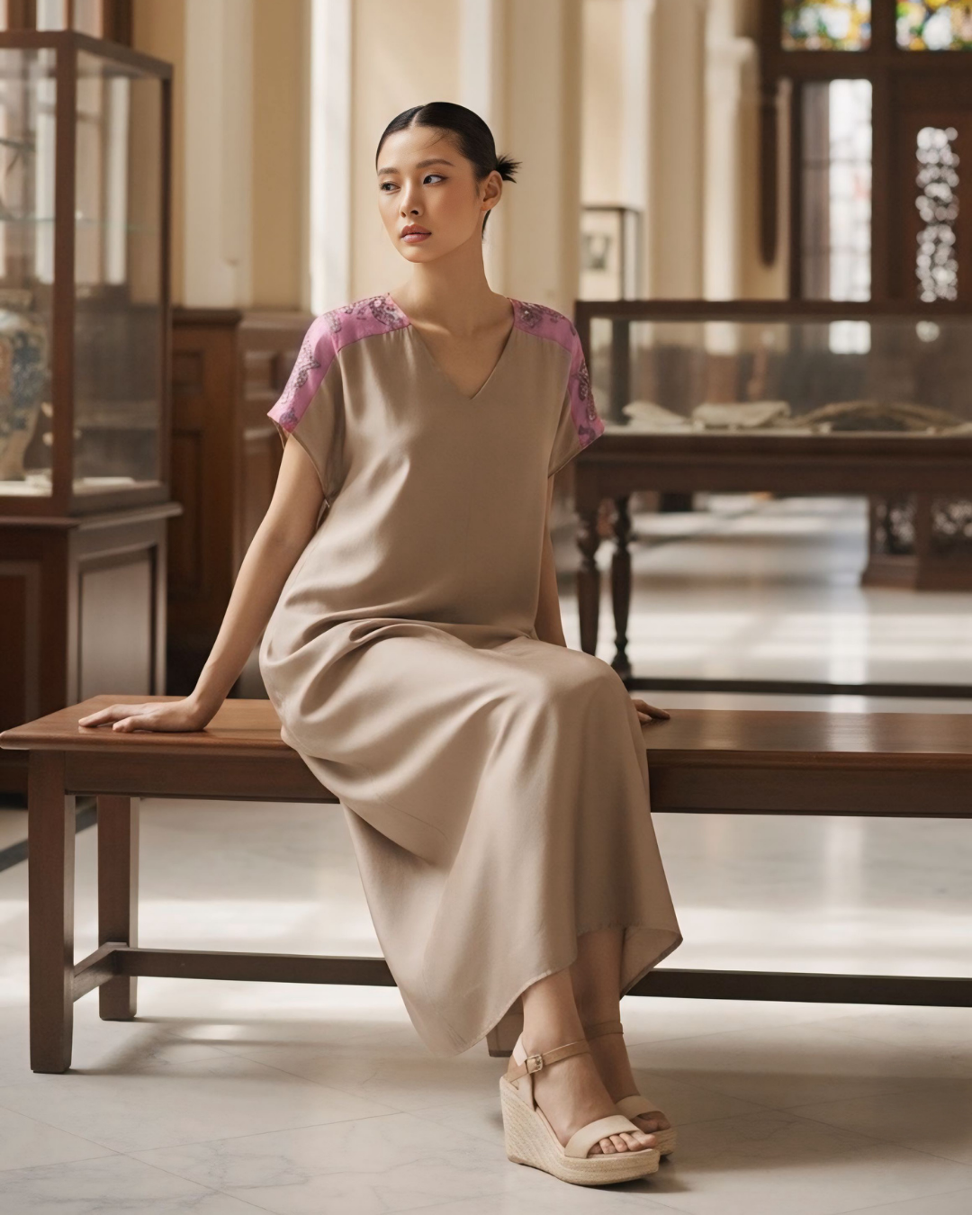 Đầm Lụa Cổ V Cộc Tay / Họa tiết Lụa Trơn Be Hồng & Twilly Phụng Vũ Vân Ca Hồng