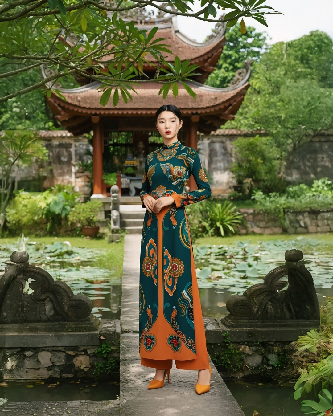 Áo Dài Lụa Truyền Thống / Họa tiết Hương Vân Long Mộng Xanh Lá & Da Cam