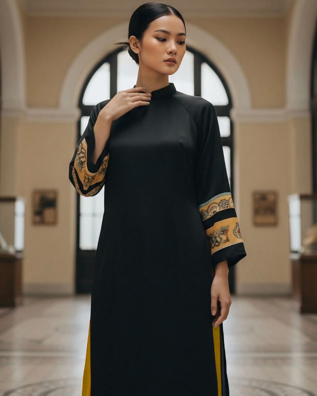 Áo Dài Lụa Tay Loa / Họa tiết Lụa Trơn Đen Vàng & Twilly Mây Hoạ Long Ân Vàng