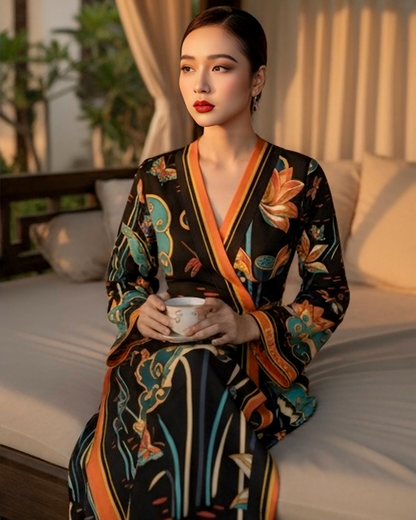 Đầm Quấn Lụa / Họa tiết Cố Đô Liên Hoạ Đen & Da Cam