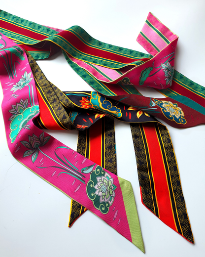 Quà Tặng Cao Cấp / Khăn Twilly Lụa Cố Đô Liên Hoạ / Nâu & Xanh Lá Đậm / 6cm x 150cm