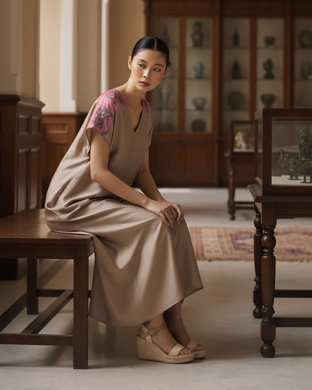 Đầm Lụa Cổ V Cộc Tay / Họa tiết Lụa Trơn Be Hồng & Twilly Phụng Vũ Vân Ca Hồng