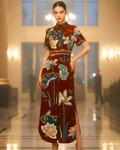 Đầm Sơ Mi Lụa Xẻ Tà Dáng Suông / Họa tiết Cố Đô Liên Hoạ Nâu & Xanh Lá Đậm