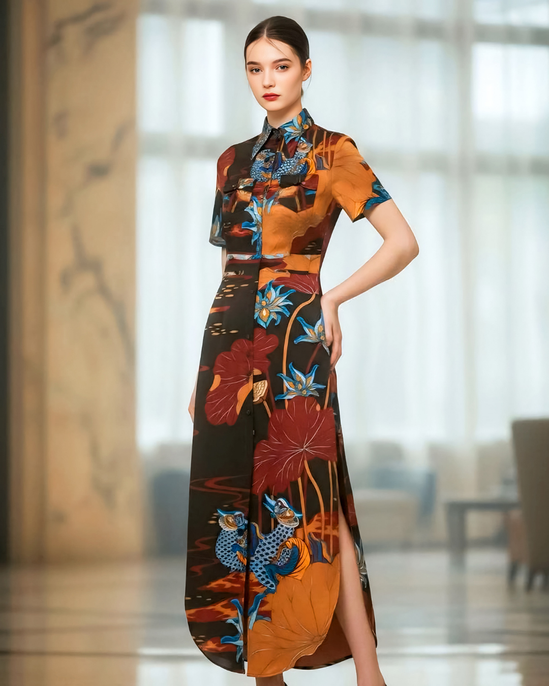 Đầm Sơ Mi Lụa Xẻ Tà Dáng Suông / Họa tiết Uyên Ương Liên Hạ Nâu & Da Cam